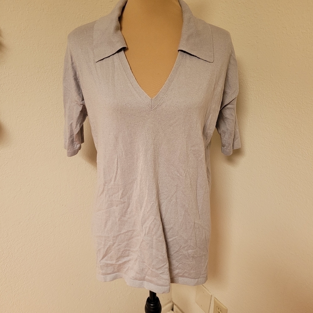 Lafayette 148 New York Light Gray V-Neck Silk and Cashmere Sweater